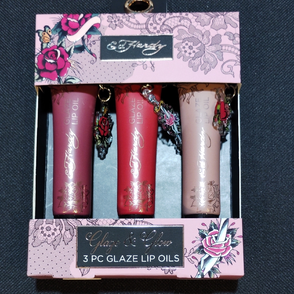 Ed Hardy Lip Oil Trio - Bold Red, Soft Pink, Classic Nude